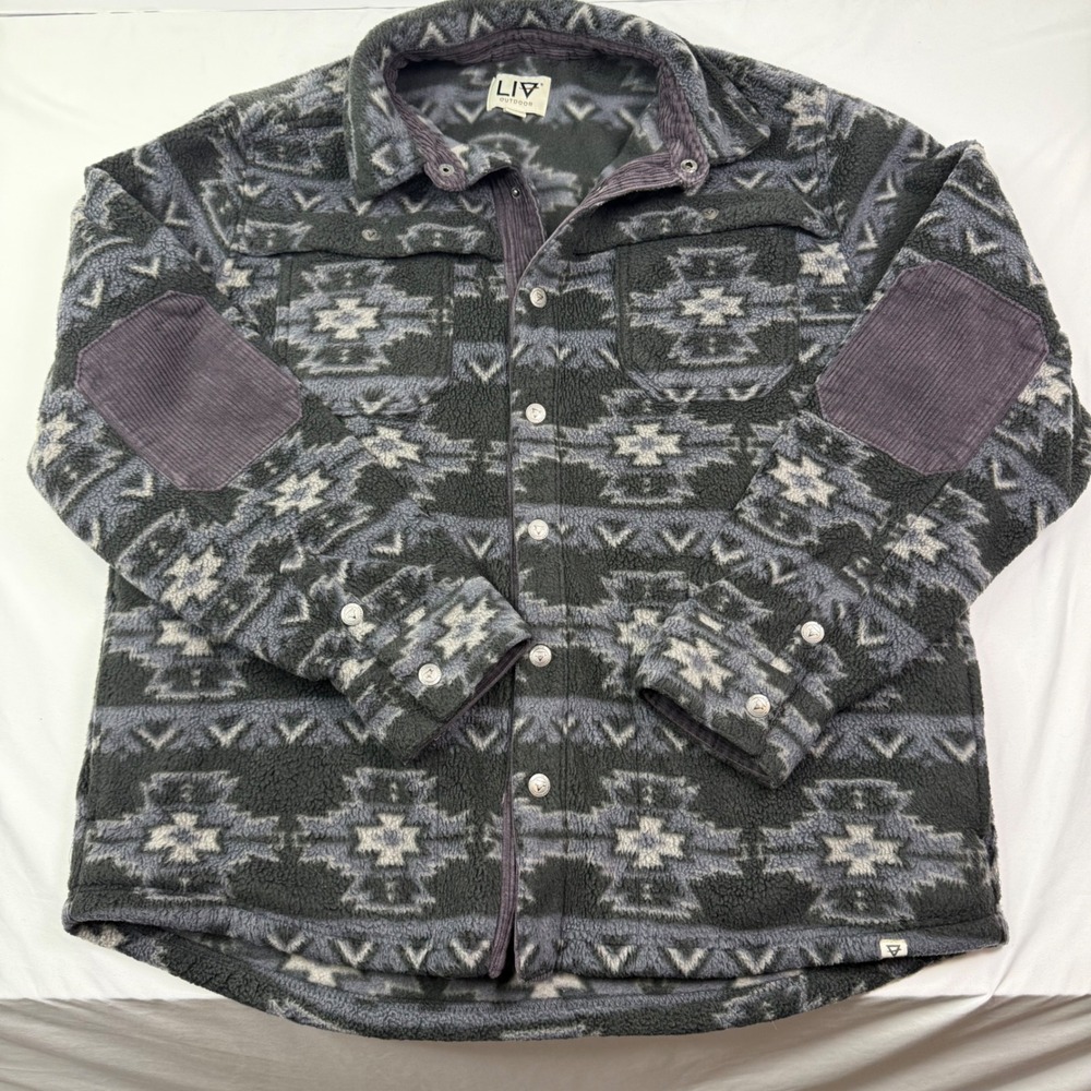 LIV Outdoor Mens XL Aztec Sherpa Fleece Shirt Jacket Grey Corduroy Elbow Patches
